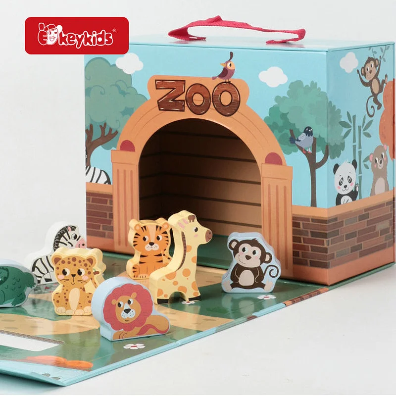 Popular Educational Scene Block Toys Set Wooden Zoo Play Box For Kids W06A553
